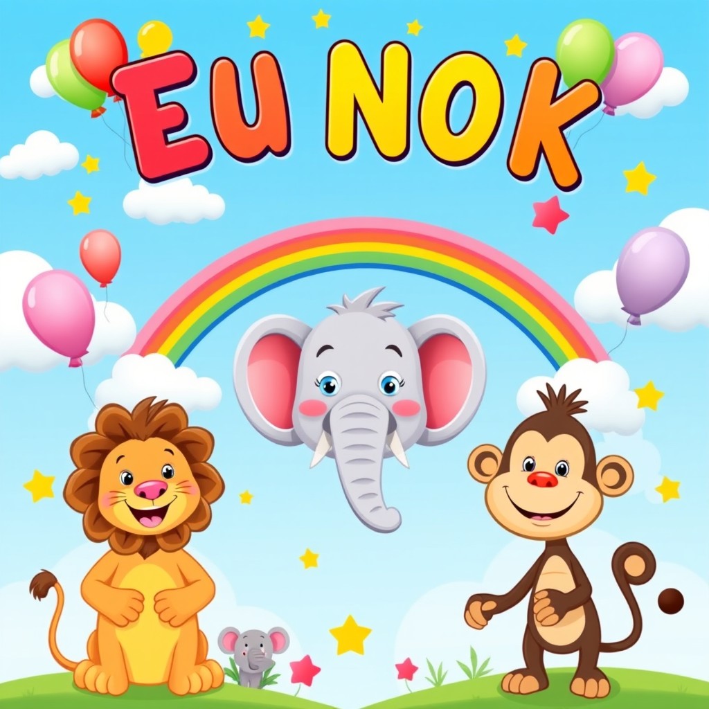 A colorful and cheerful cover design for a children's eBook, featuring playful and friendly cartoon animals such as a smiling lion, a cheerful elephant, and a curious monkey