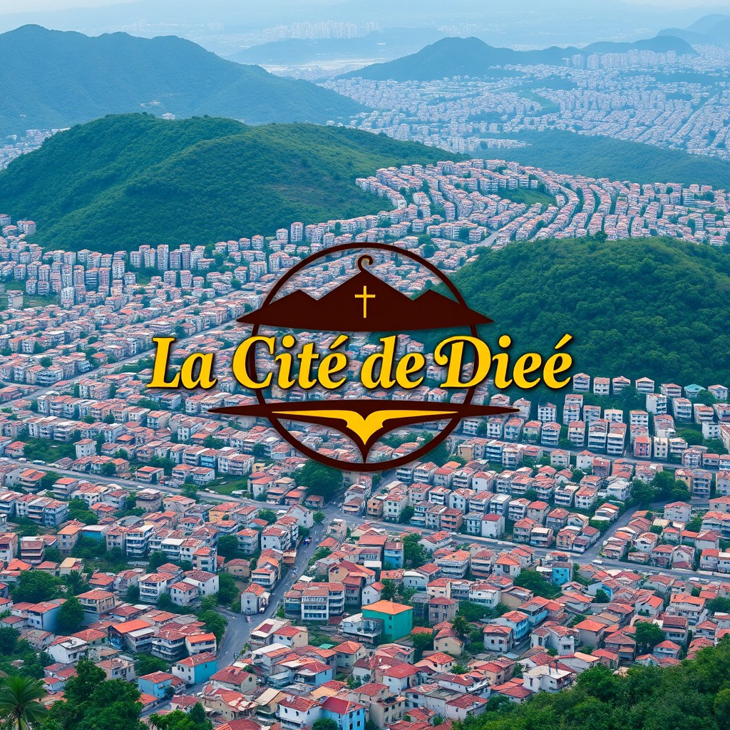 A logo design for 'La Cité de Dieu' in brown and gold, set against an aerial view of a favela