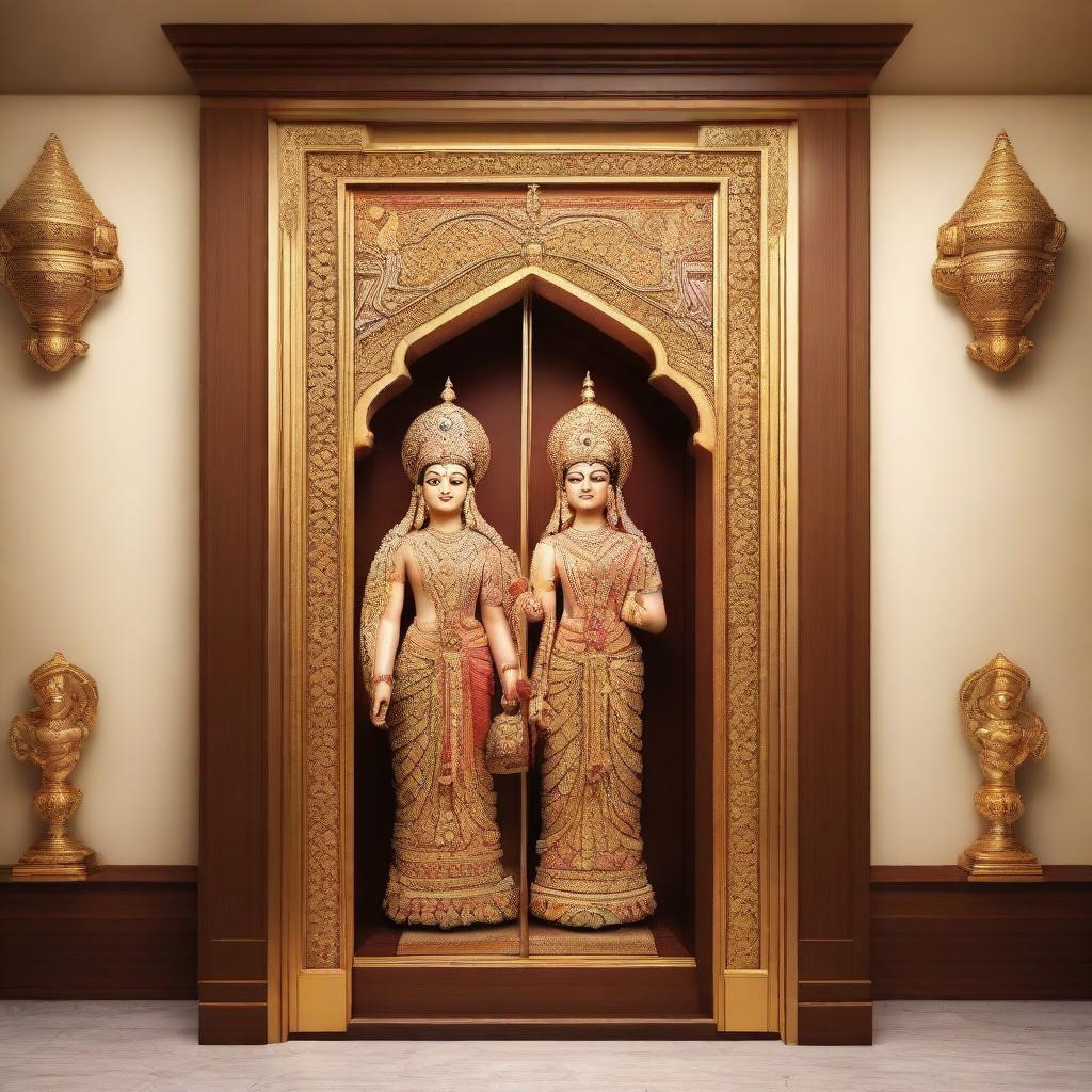 An image depicting an intricately designed elevator with its doors opening revealing Lord Rama and Goddess Seeta, in traditional garb, stepping out into the hallway with an aura of tranquility.