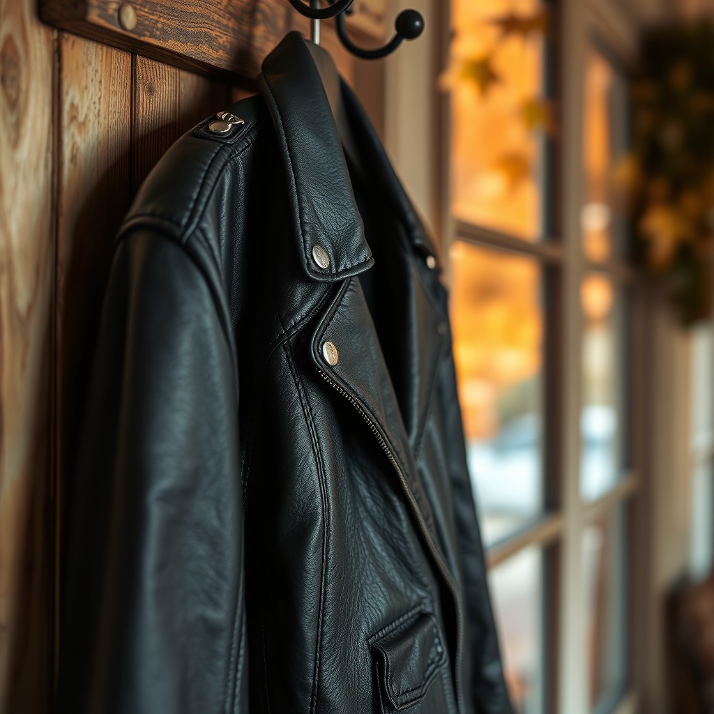 A stylish leather jacket hanging on a vintage wooden coat rack, with a soft focus background featuring blurred autumn leaves outside a window