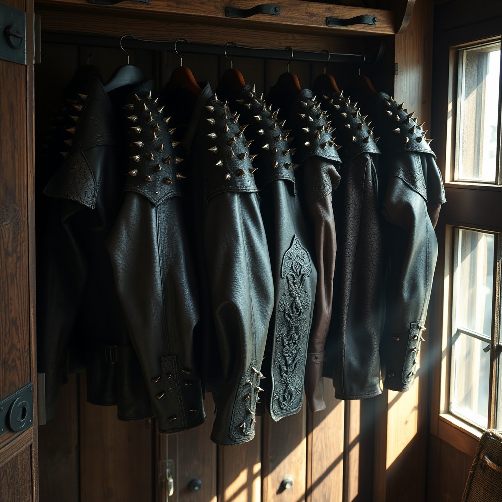 A collection of leather jackets adorned with spikes, resembling medieval armor, hanging in a rustic wooden wardrobe
