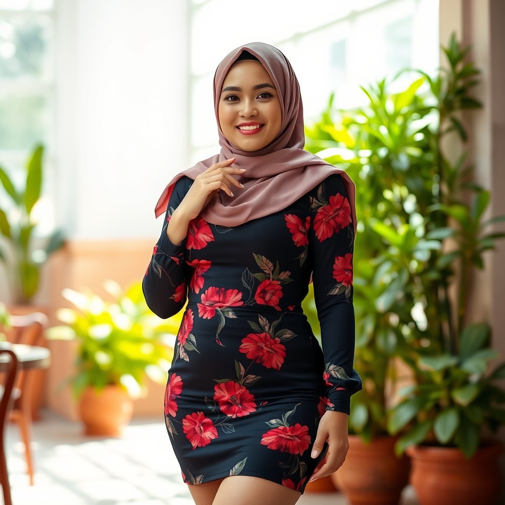 A stylish Malay woman in a hijab, confidently posing in a photoshoot