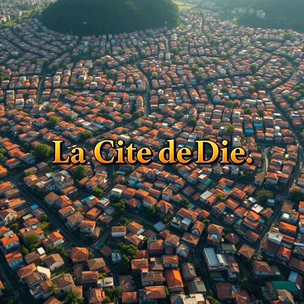 A stunning aerial view showcasing a favela densely populated with a hundred rows of houses, each spaced five meters apart, set on a flat terrain