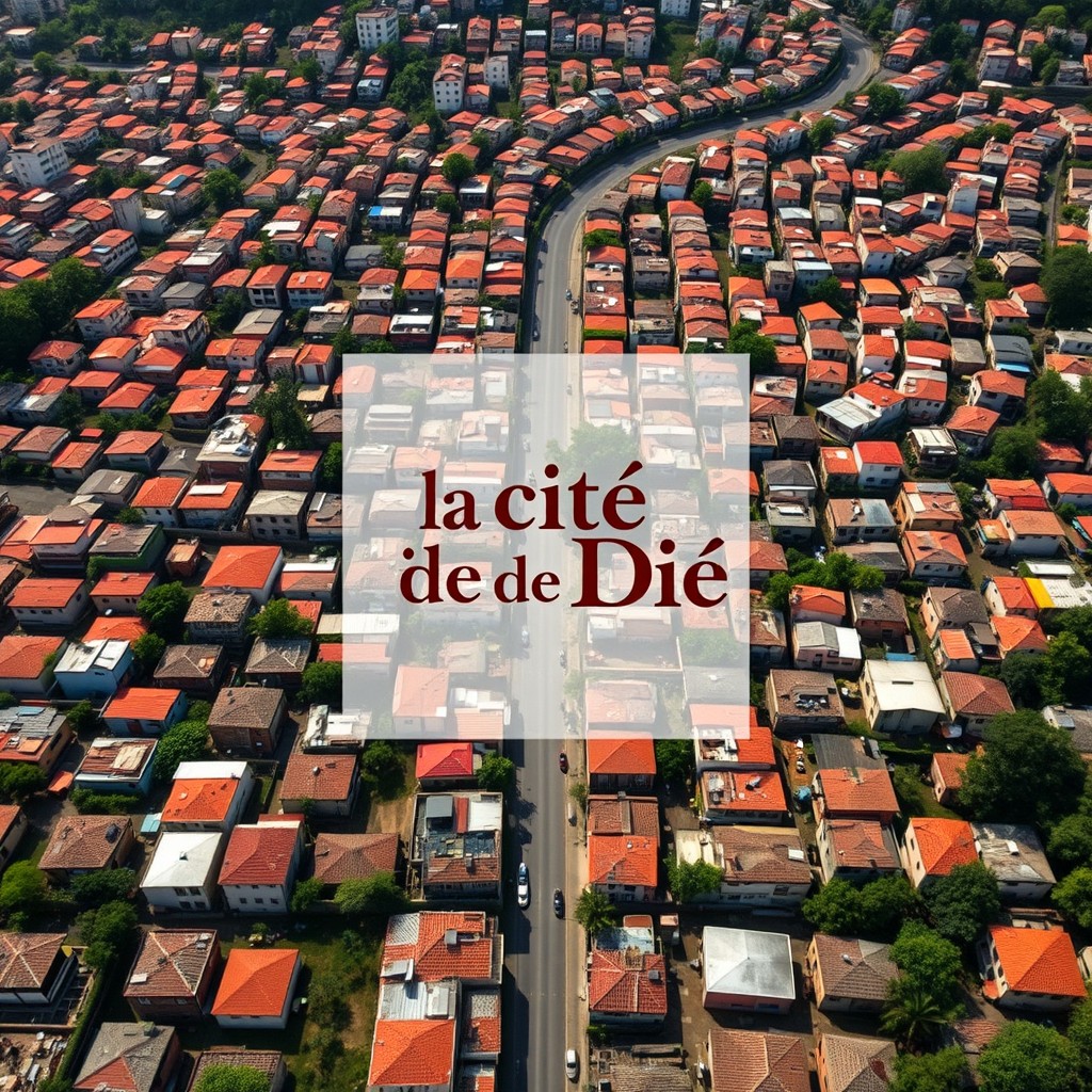 Aerial view of a favela featuring a hundred rows of houses lined side by side, each with a distance of five meters between them, set on flat terrain