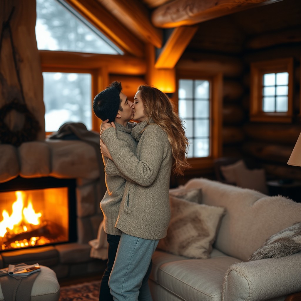 A cozy, rustic lodge setting with a glowing fireplace, warm light illuminating the room