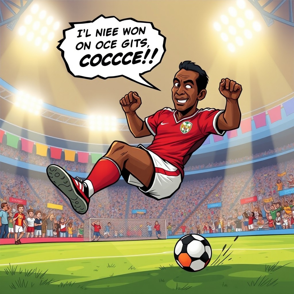 A dynamic comic-style illustration of Pelé, the iconic soccer player, in action on a soccer field