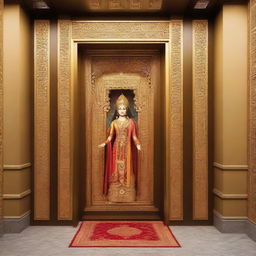 An image depicting an intricately designed elevator with its doors opening revealing Lord Rama and Goddess Seeta, in traditional garb, stepping out into the hallway with an aura of tranquility.