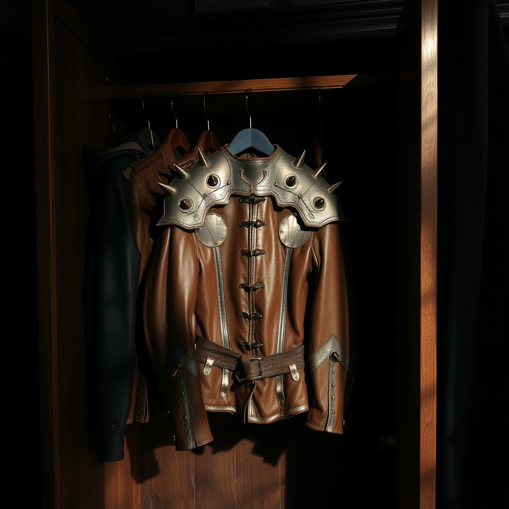A collection of leather jackets hanging in a wooden wardrobe, set in a dimly lit room without windows