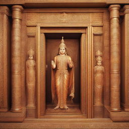 An image depicting an intricately designed elevator with its doors opening revealing Lord Rama and Goddess Seeta, in traditional garb, stepping out into the hallway with an aura of tranquility.