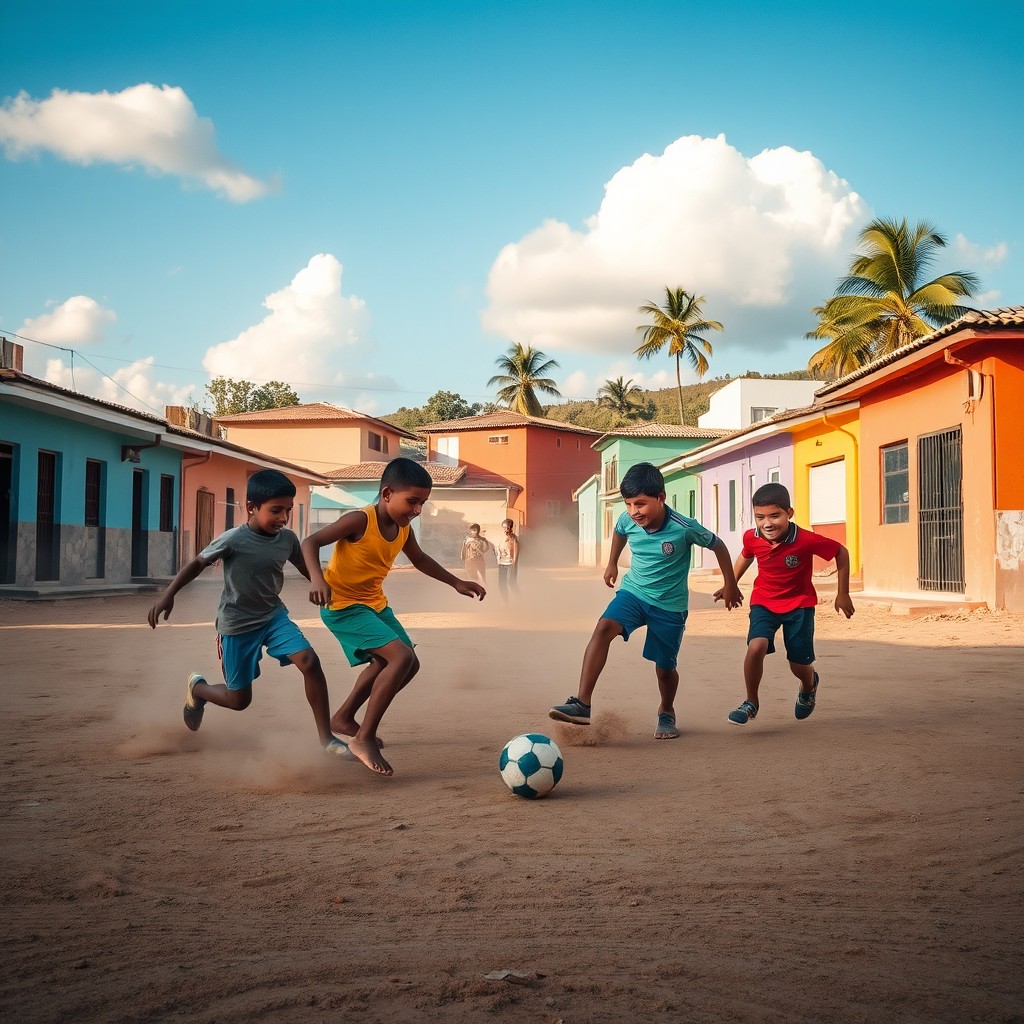 Brazilian boys playing football on a dusty field surrounded by colorful houses in a favela