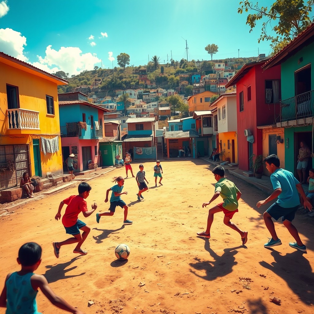 A vibrant scene depicting Brazilian kids playing football on a dirt field surrounded by colorful houses in a favela
