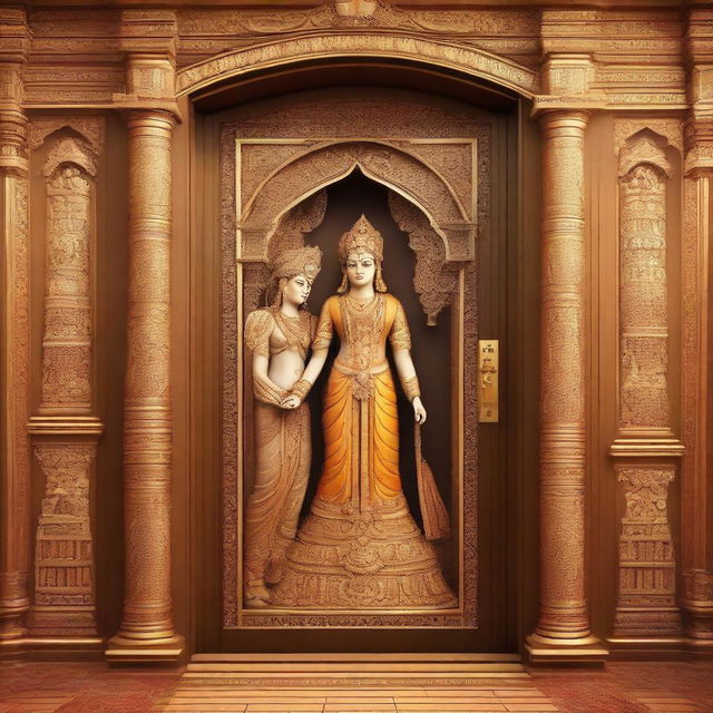 An image depicting an intricately designed elevator with its doors opening revealing Lord Rama and Goddess Seeta, in traditional garb, stepping out into the hallway with an aura of tranquility.