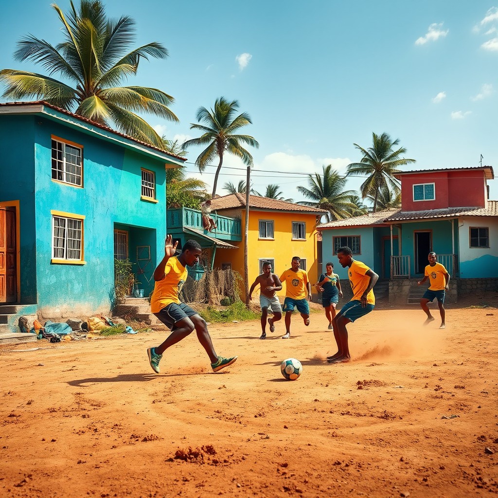 A vibrant scene depicting Brazilian men passionately playing football on a dusty dirt field, surrounded by several colorful houses in a favela