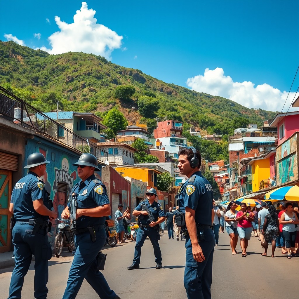 The Brazilian police patrolling the vibrant streets of a favela, showcasing the colorful mural art on the buildings, with locals engaging in daily activities, the backdrop filled with steep hills and a dynamic urban landscape