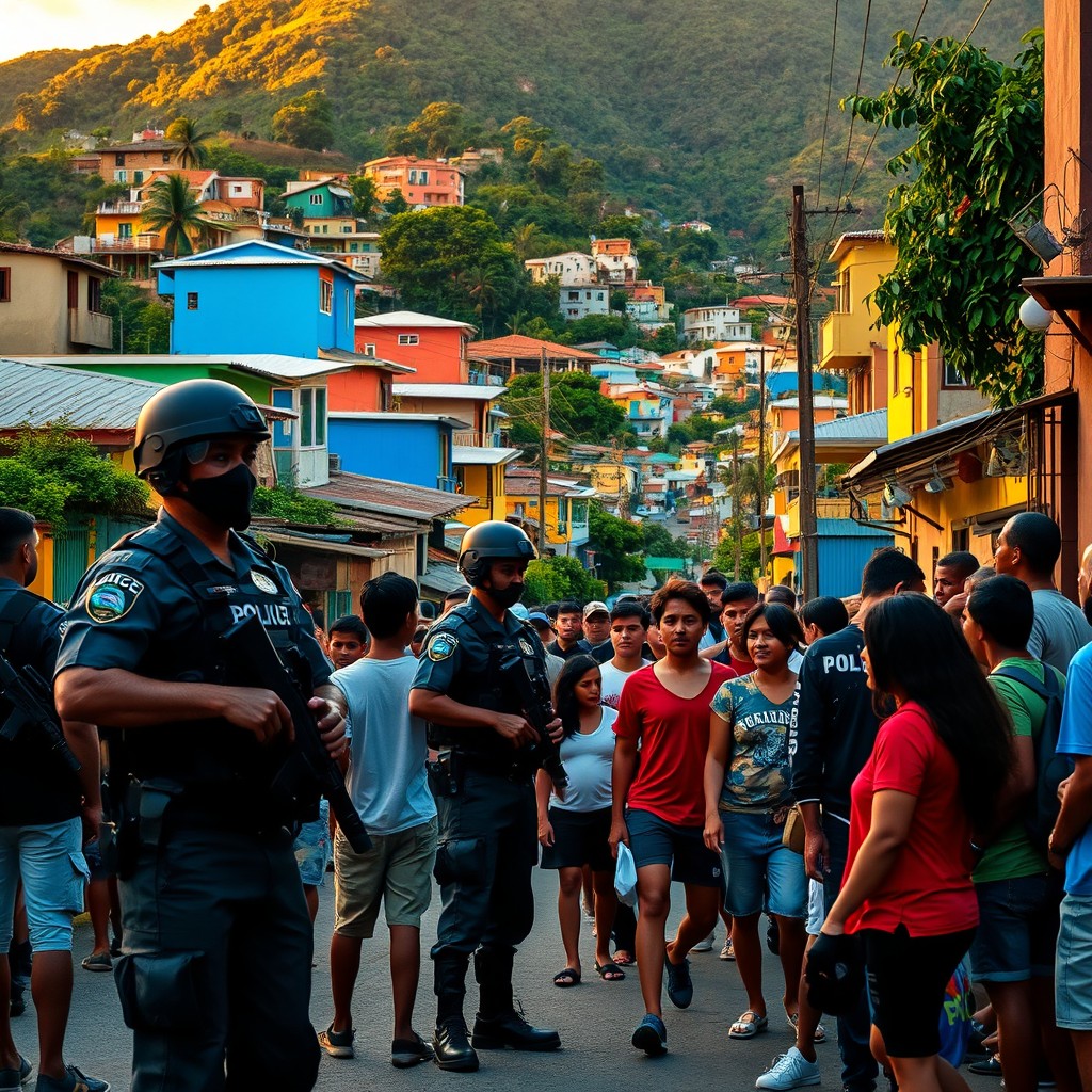 A vibrant street scene depicting the Brazilian favelas, with colorful, densely packed houses and lush greenery surrounding the area