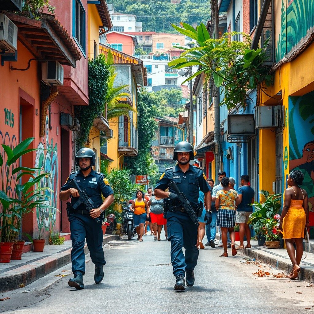 A vivid and dynamic street scene depicting Brazilian police patrolling through a favela in Brazil