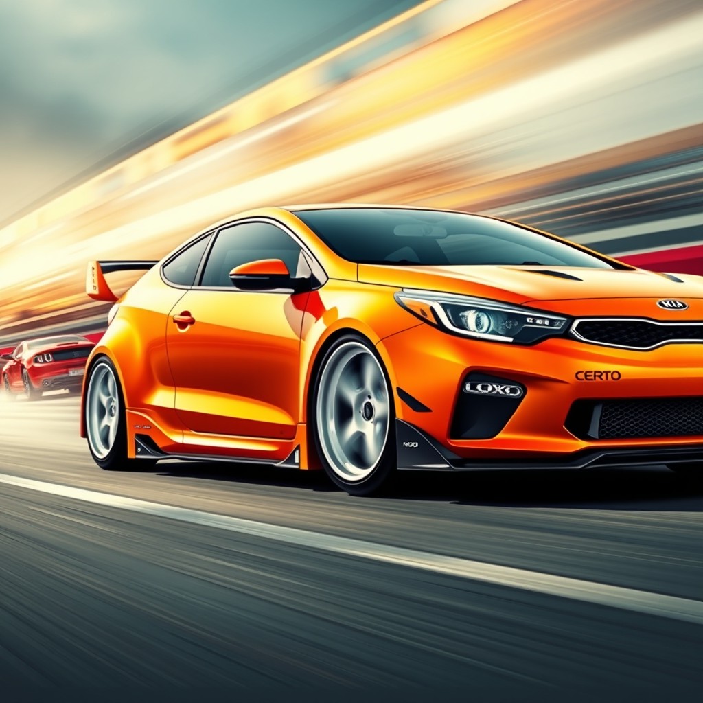 A photorealistic depiction of a Kia Cerato Koup with a two-door coupe design, presented in a 16:9 aspect ratio