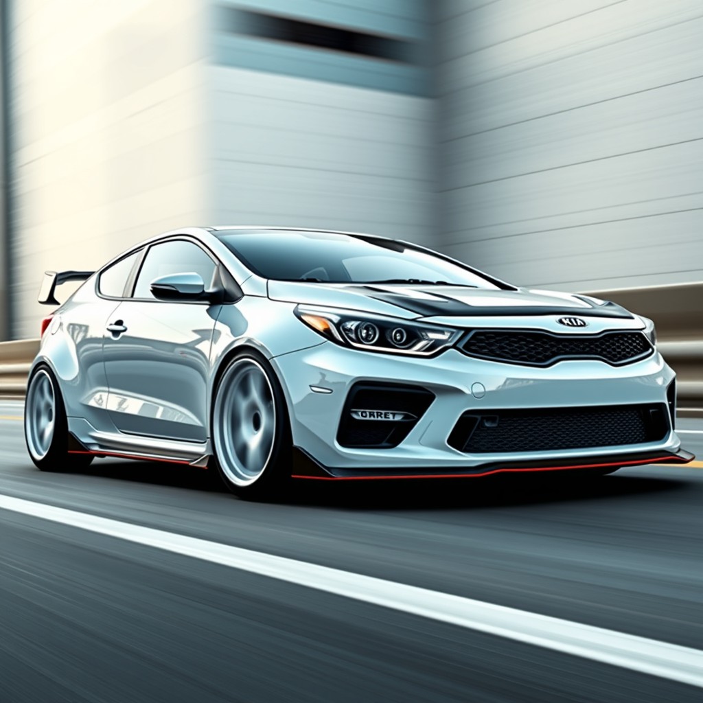 A photorealistic image of a Kia Cerato Koup in a 16:9 aspect ratio