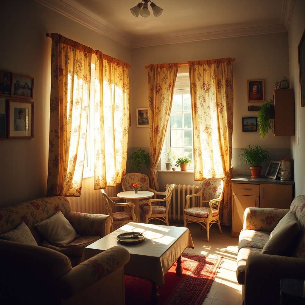 A cozy 1990s Khrushchyovka apartment, illuminated by warm light