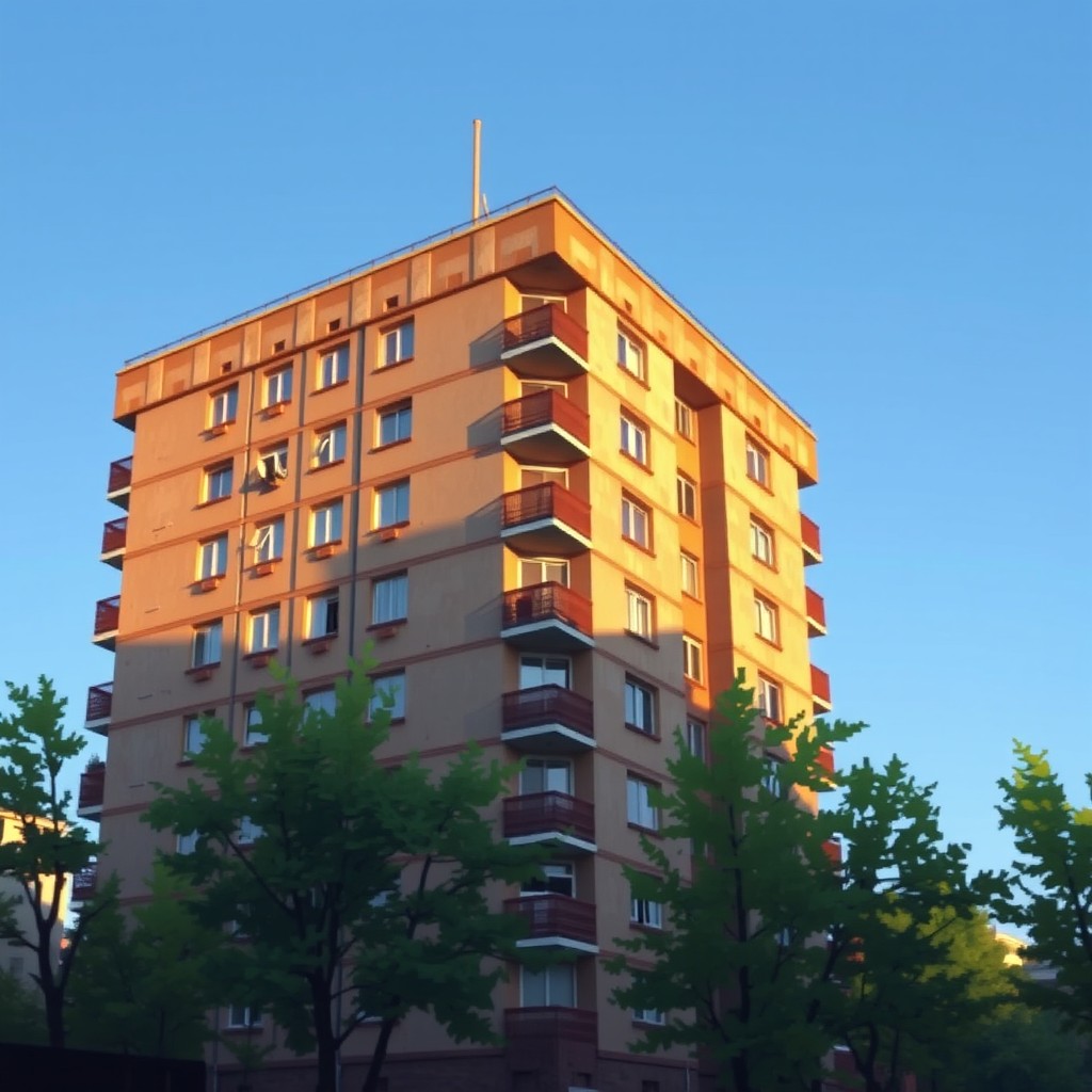 A 1990s Soviet-era Khrushchyovka apartment building, bathed in warm, inviting light