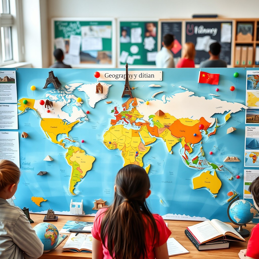 An educational setup showcasing a geography project, featuring a large world map with colorful pins marking different countries