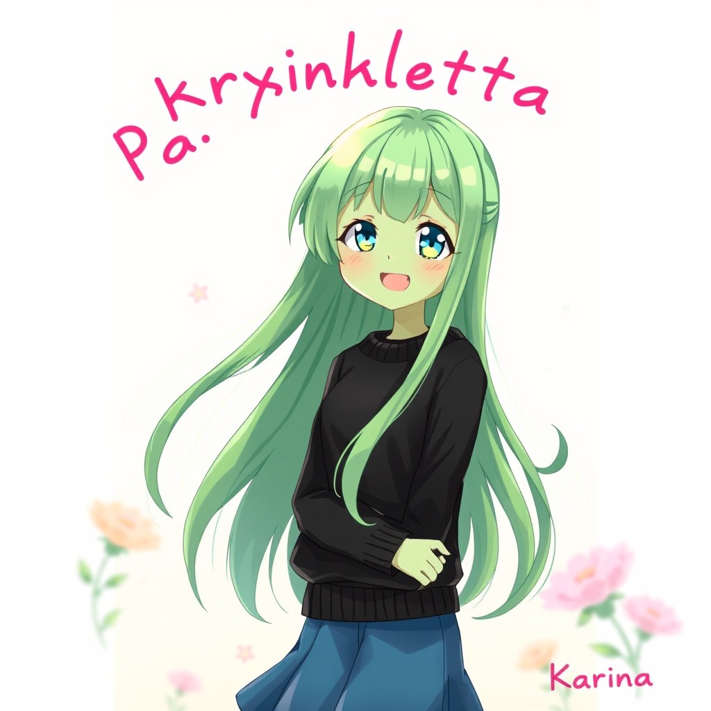 An anime girl with green skin and long green hair wearing a black sweater and a blue skirt stands smiling