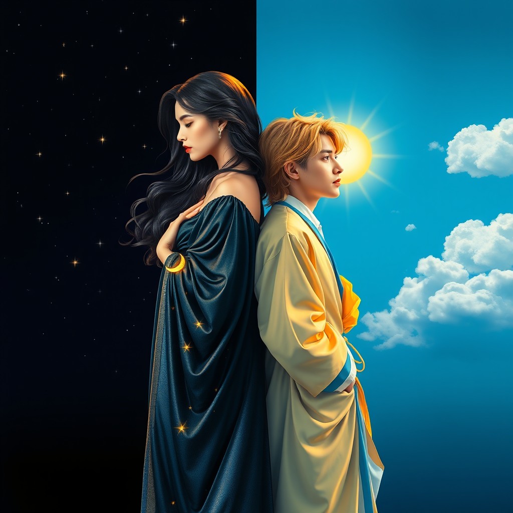 A striking scene depicting a woman and a man standing back to back, embodying the themes of day and night