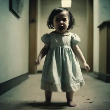 In the horror movie, the possessed child suddenly turned aggressive and spanked her parents, eerie laughter echoing through the room.