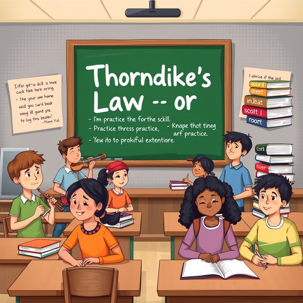 An educational illustration visualizing the concept of Thorndike's Law of Practice