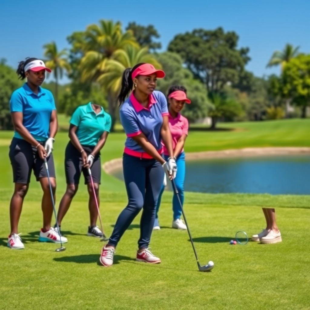 A group of skilled black female golfers on a beautiful lush green golf course, showcasing their swings and putting skills