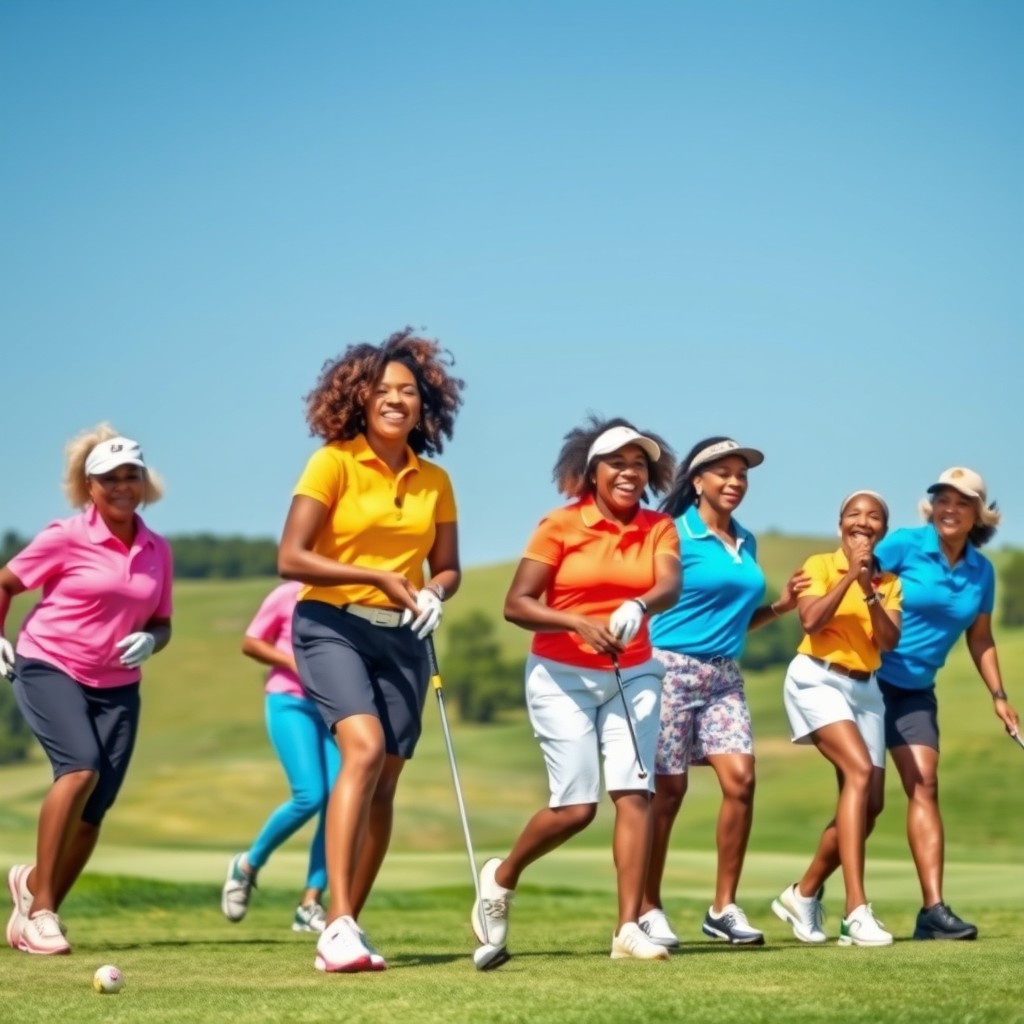 A dynamic scene featuring a group of mid-aged Black female golfers enjoying a day on the course