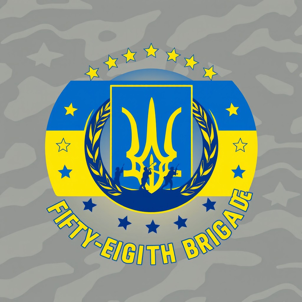 A graphic design for a t-shirt featuring the emblem of the Fifty-Eighth Brigade of the Armed Forces of Ukraine