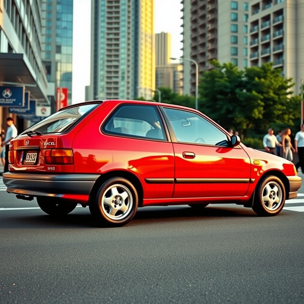 A nostalgic, detailed image of a 1998 Hyundai Excel, showcasing its classic design features