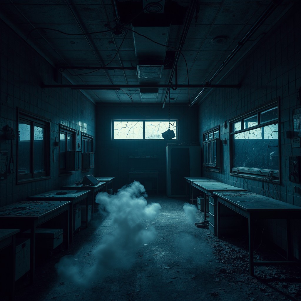 A dark abandoned laboratory interior, featuring dim flickering lights illuminating cracked and dirty walls with peeling paint