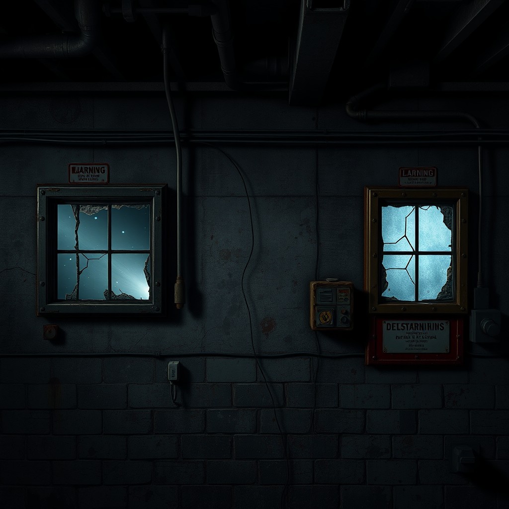 A seamless looping background of a dark, damaged laboratory wall, showcasing a grungy and industrial design