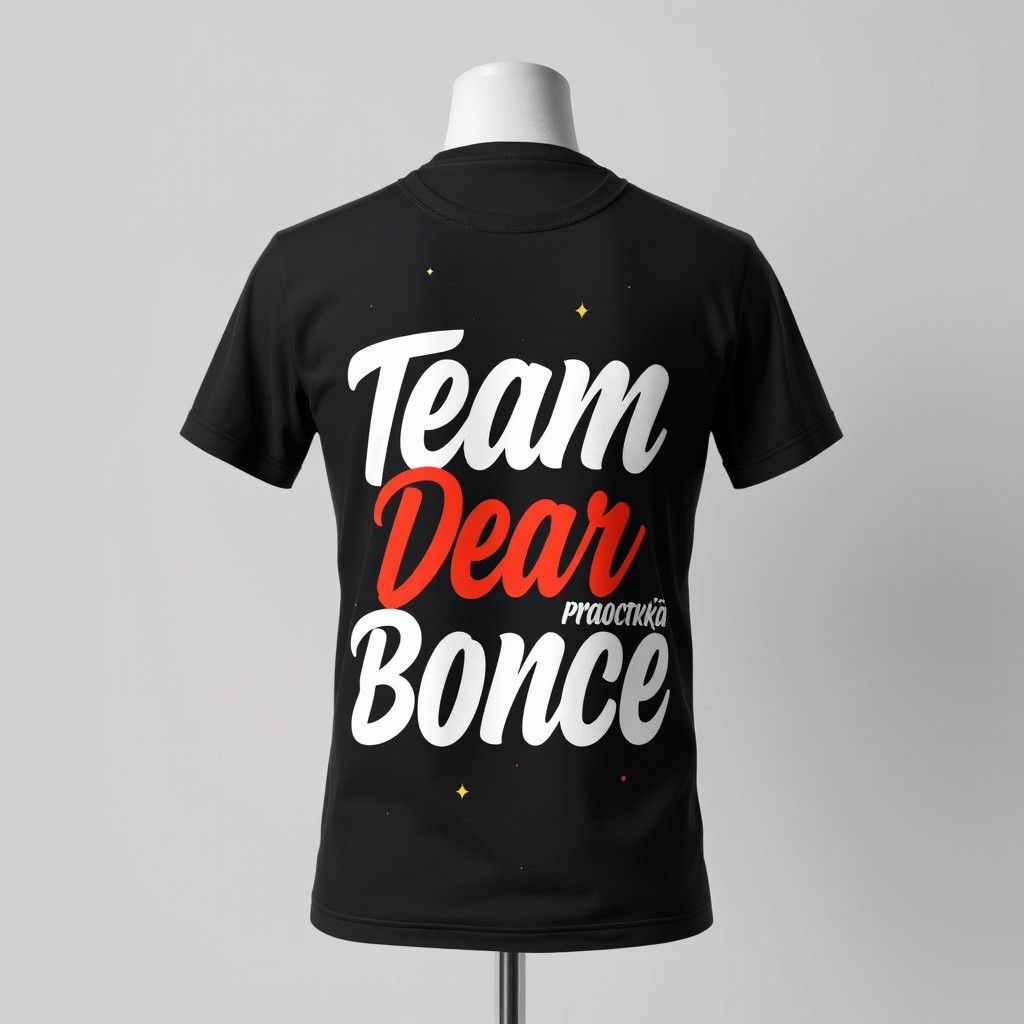 A stylish t-shirt design featuring a bold front print that reads 'Team Dear Bonce', with an artistic font and vibrant colors