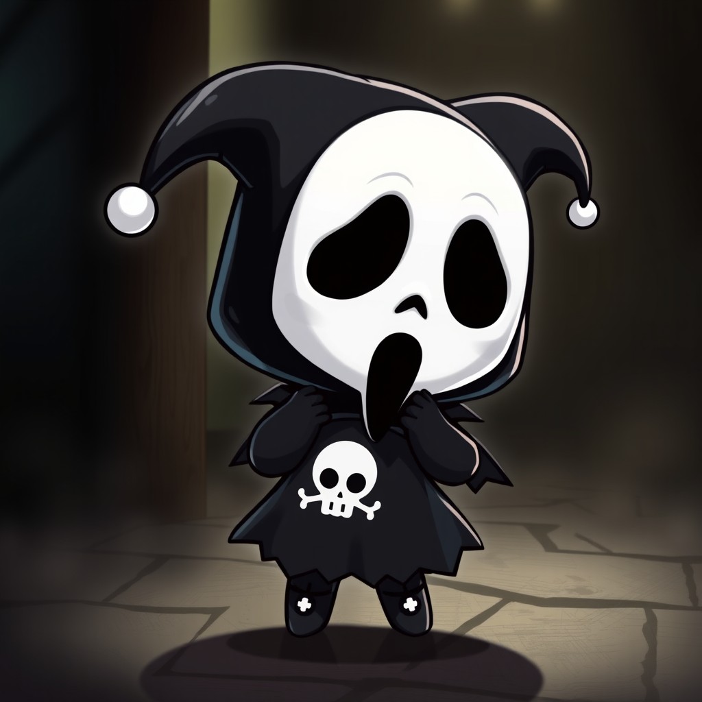 A fusion character design featuring Kuromi, the mischievous Sanrio character, as Ghostface from the Scream series