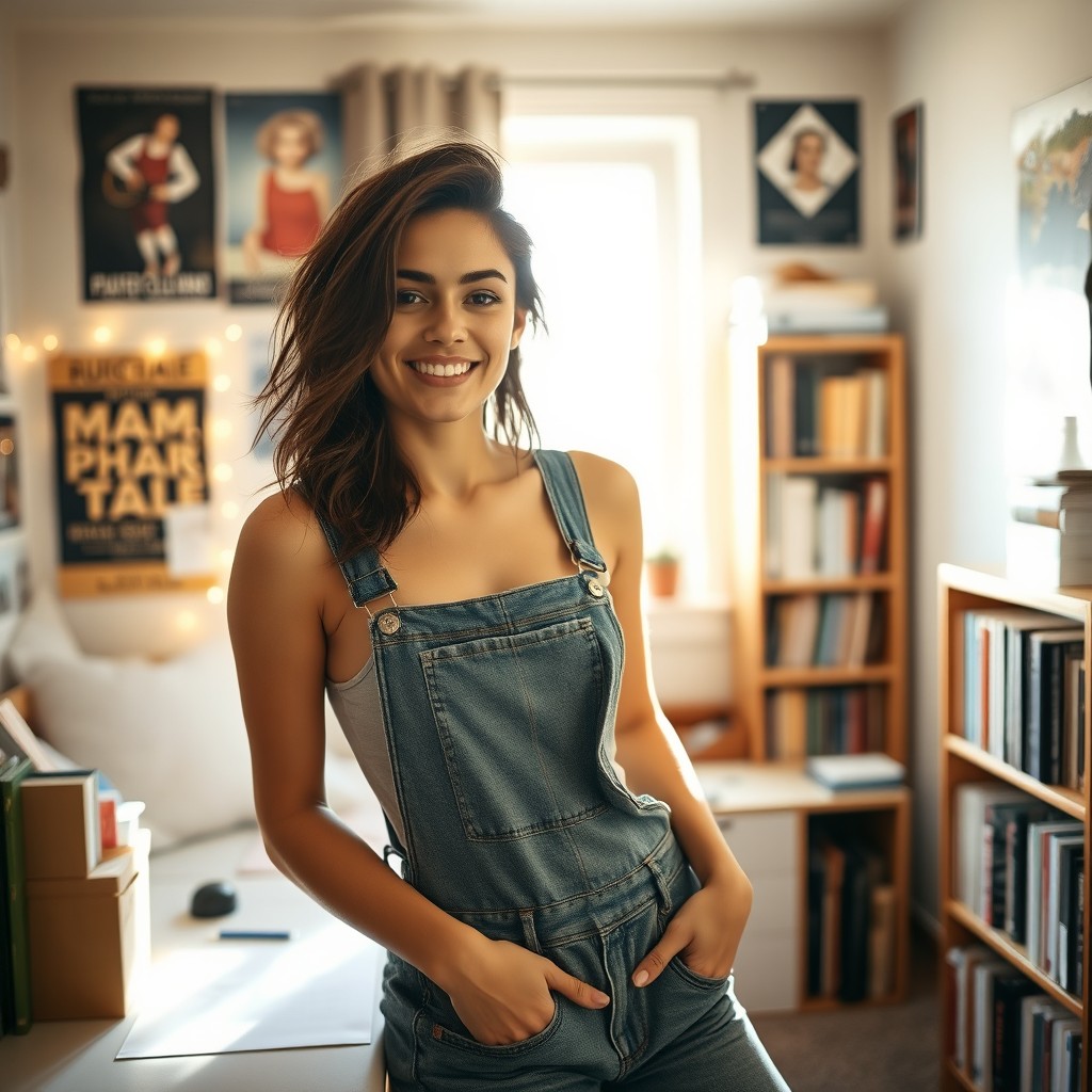A stylish brunette woman in a cozy dorm room, wearing denim overalls with no shirt underneath, casually leaning against a desk