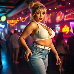 A stunning full-length image of a young woman exuding an exaggerated hourglass shape, featuring a curvy and plump figure with wide hips