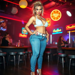 A full-length, head-to-toe photograph of a stunningly beautiful, ultra-curvy woman with an exaggerated hourglass figure