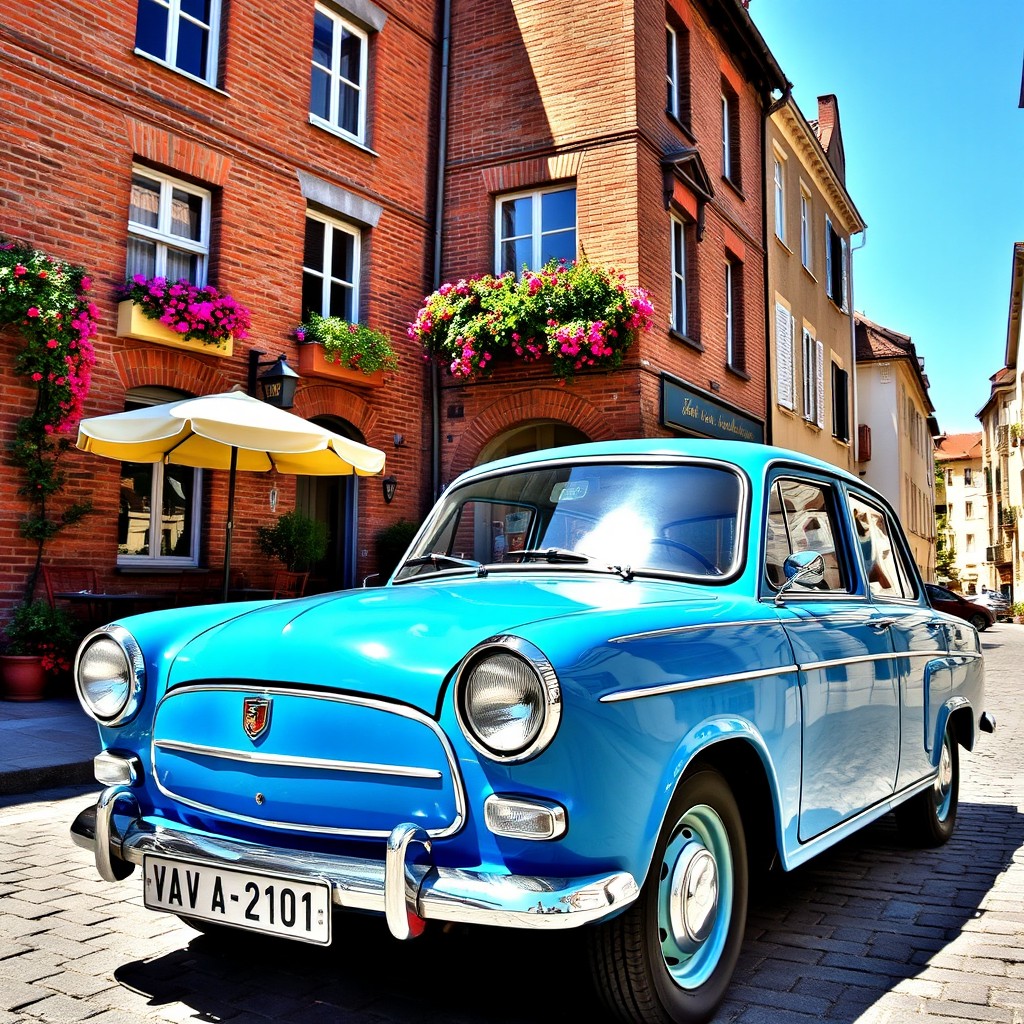 A vintage VAZ 2101 car parked on a charming cobblestone street in a picturesque European town, surrounded by old brick buildings adorned with vibrant flowers