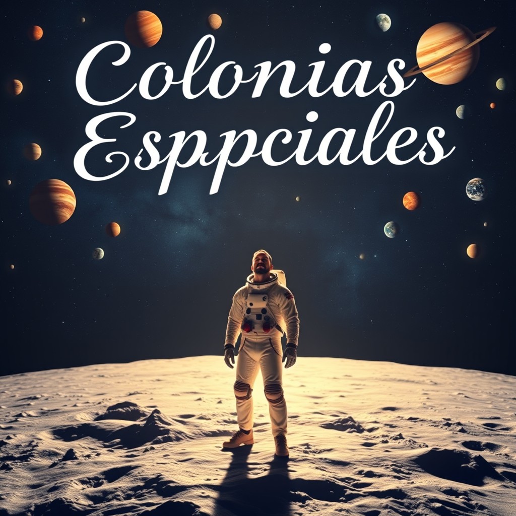 A man standing on the moon, gazing up at a breathtaking night sky filled with all the planets of the solar system