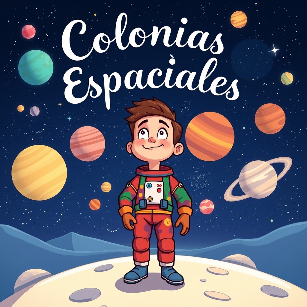 A cartoonish animated man standing on the moon, looking up at a vibrant night sky filled with all the planets of the solar system