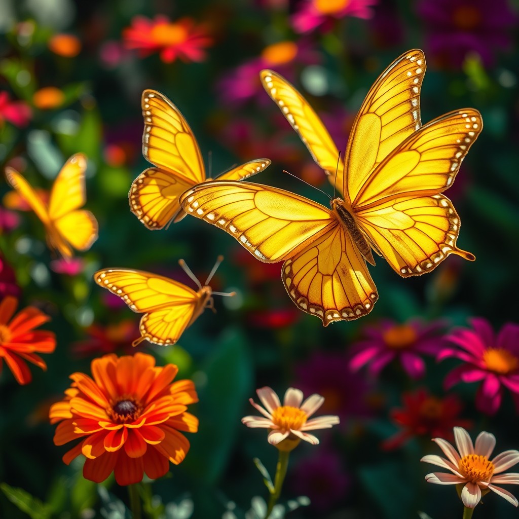 A stunning, vibrant close-up of golden butterflies fluttering around a beautiful garden filled with exotic flowers in rich, bright colors