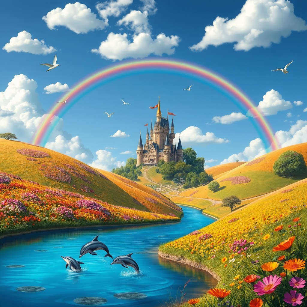 A whimsical landscape of a vibrant fantasy world, featuring rolling hills covered in colorful wildflowers, a clear blue sky dotted with fluffy white clouds, and a magical castle in the distance with spiraling towers and banners fluttering in the breeze