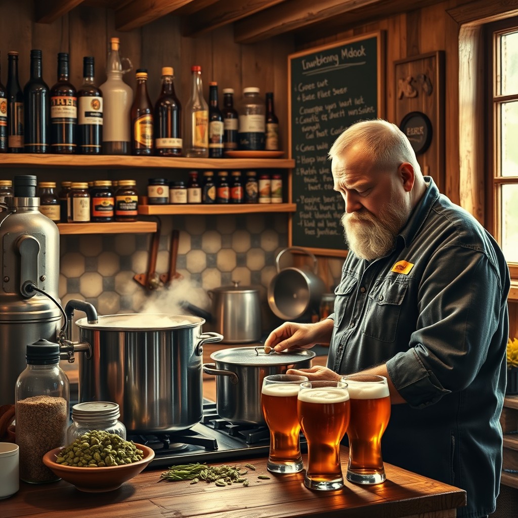 A detailed scene of a homebrewer in a rustic kitchen, enthusiastically brewing their own customized beer