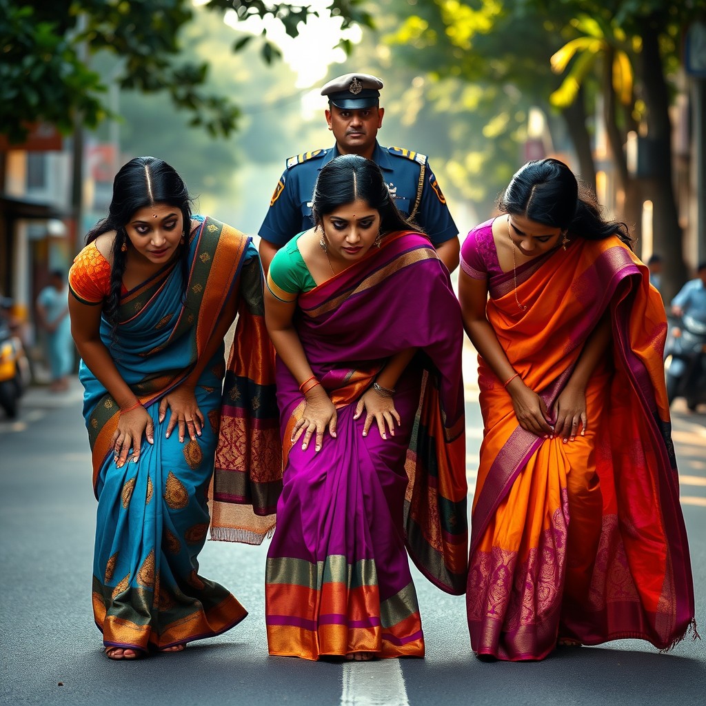 Three women in vibrant sarees bent forward on a road, their colorful attire elegantly draped and lifted, showcasing the intricate designs of the fabric