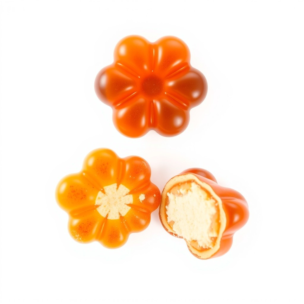 A high-quality, realistic photograph of a fruit-flavored hard candy shaped like a flower, showcasing its glossy texture and vibrant colors of orange, purple, and dark brown