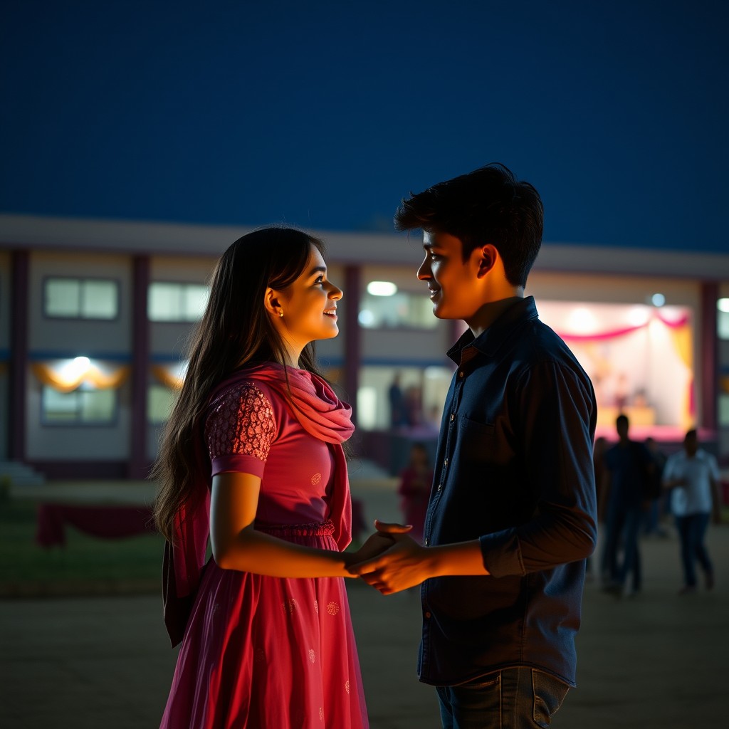 A romantic scene depicting a teenage boy and girl in love, meeting at their school annual day function