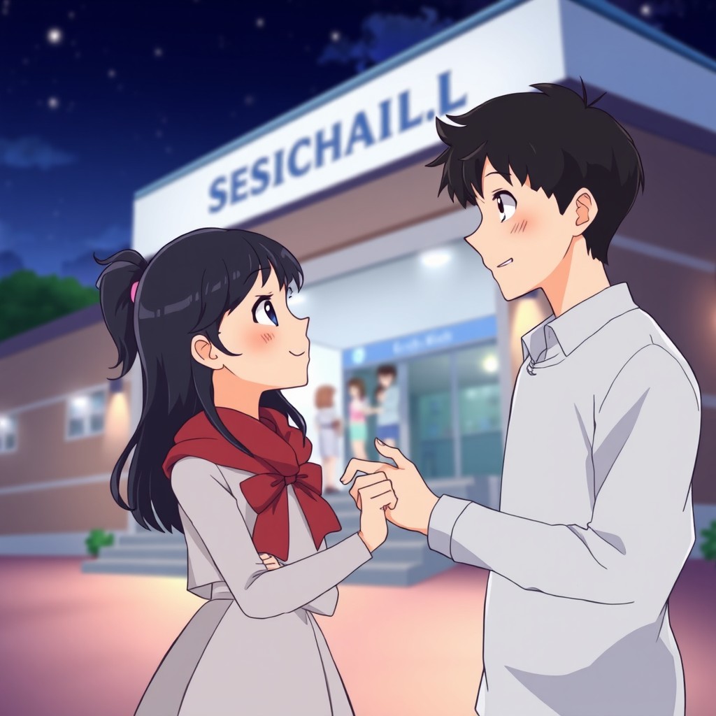An anime-style illustration depicting a 17-year-old boy and girl in love, meeting after a long time at their school annual day function at night